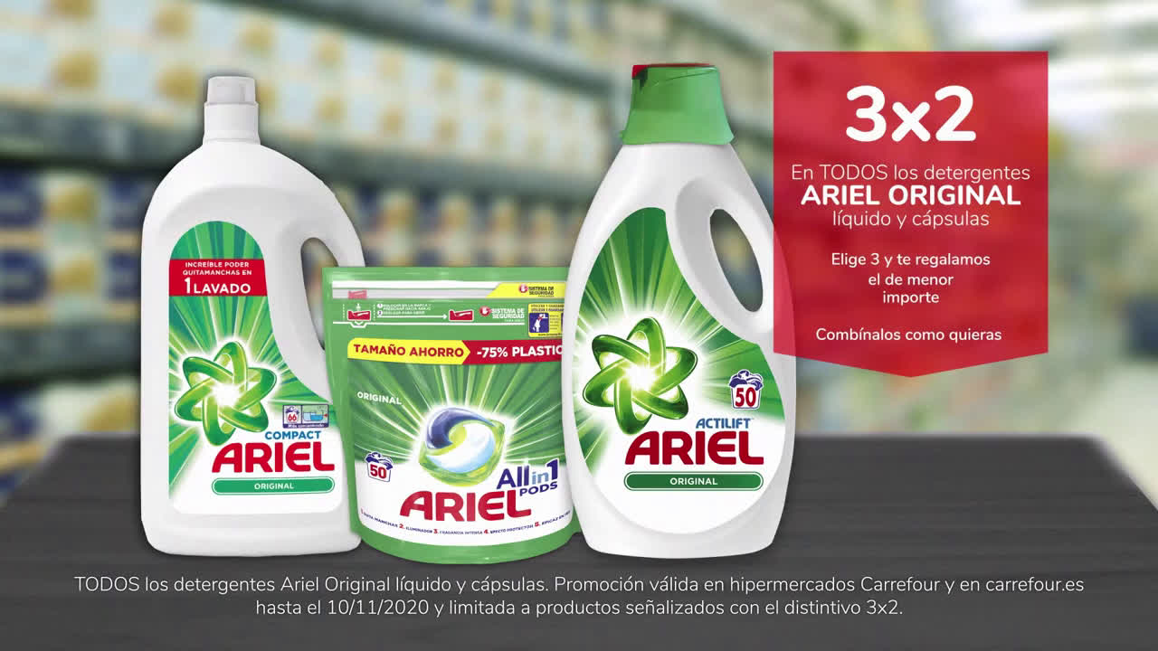 Carrefour 3x2 en Ariel Original líquido y cápsulas anuncio