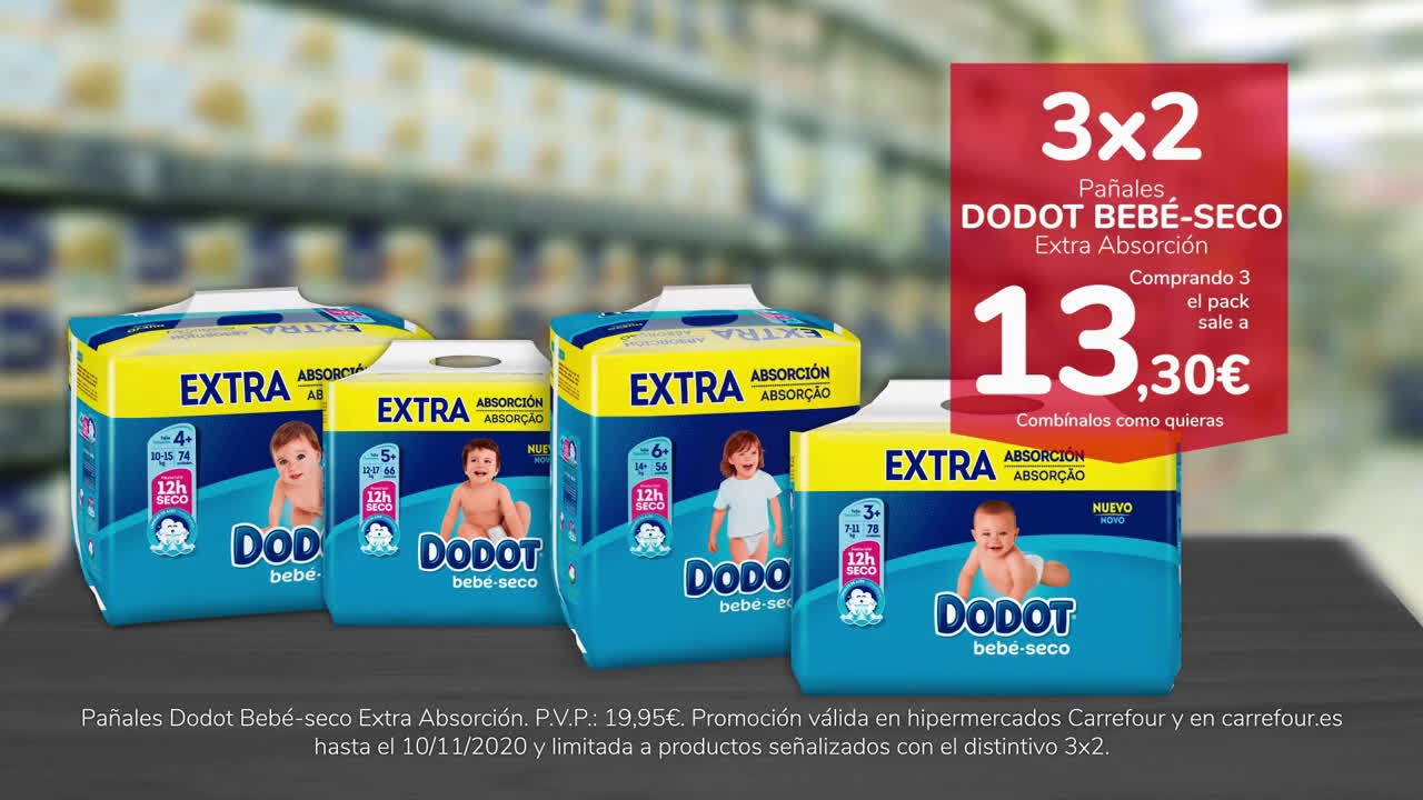 Carrefour 3x2 en Dodot bebé seco extra absorción anuncio