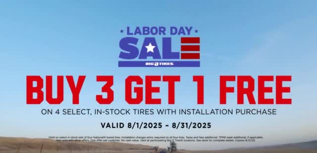 Big O Tires Labor Day Sale 'Buy Three Tires, Get One Free'